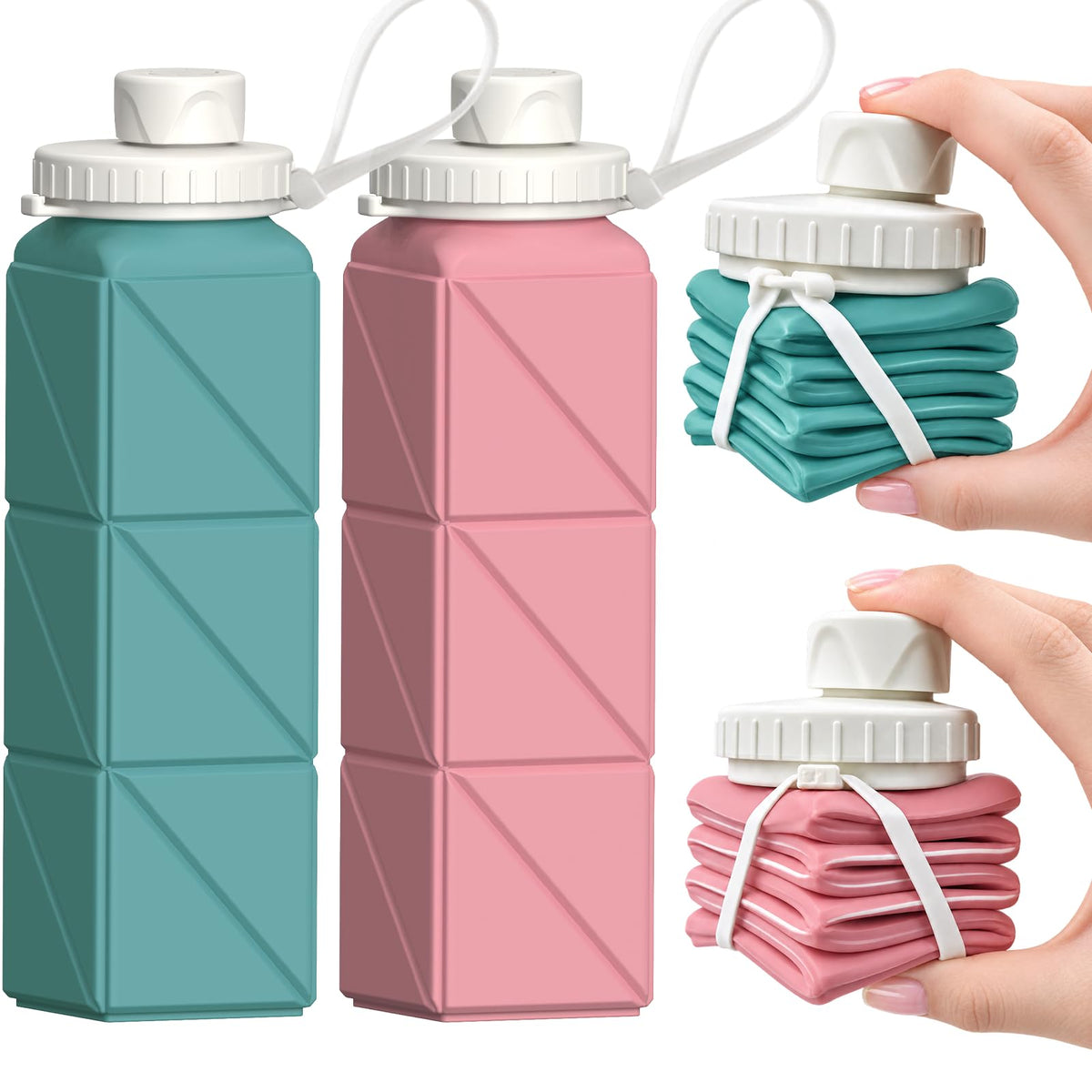 Collapsible Water Bottles 2 Pack, 21oz/610mL, Silicone Travel Water Bottle