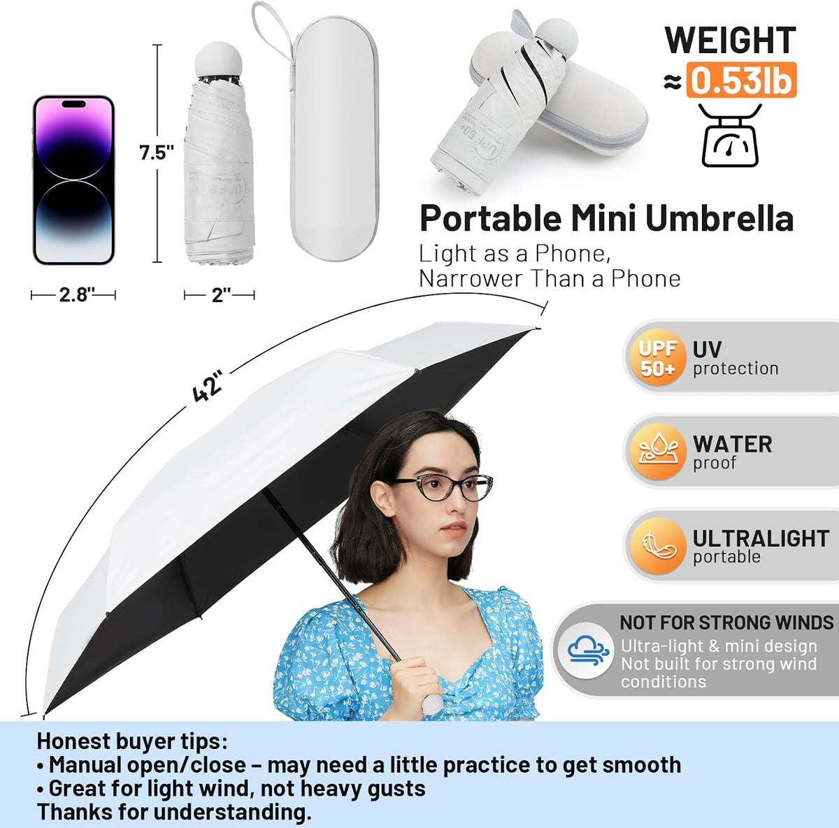 SY COMPACT Mini Travel Umbrella, UPF 50+ Rain & UV Sun Protection, Small Windproof & Lightweight Portable Umbrella with Zipper Case, Fits in Purse Travel Essential for Men Women