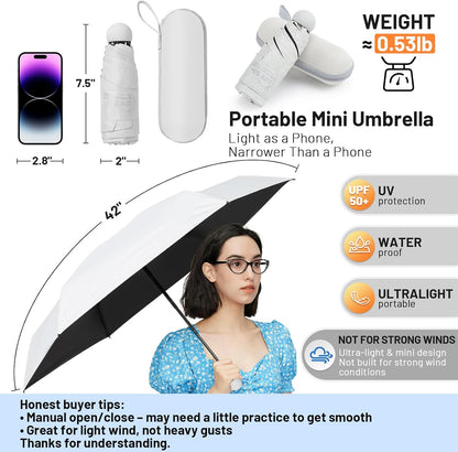 SY COMPACT Mini Travel Umbrella, UPF 50+ Rain & UV Sun Protection, Small Windproof & Lightweight Portable Umbrella with Zipper Case, Fits in Purse Travel Essential for Men Women