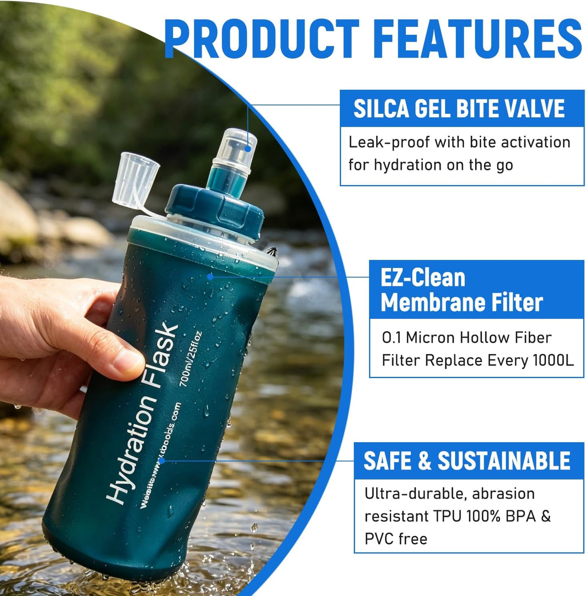 1L Collapsible Water Bottle with Filter for Hiking Backpacking(Green)