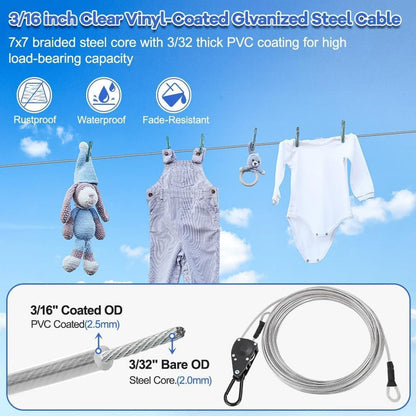 TooTaci Outdoor Clothesline Kit with Self-Locking Pulley, 30FT 3/16" Cable