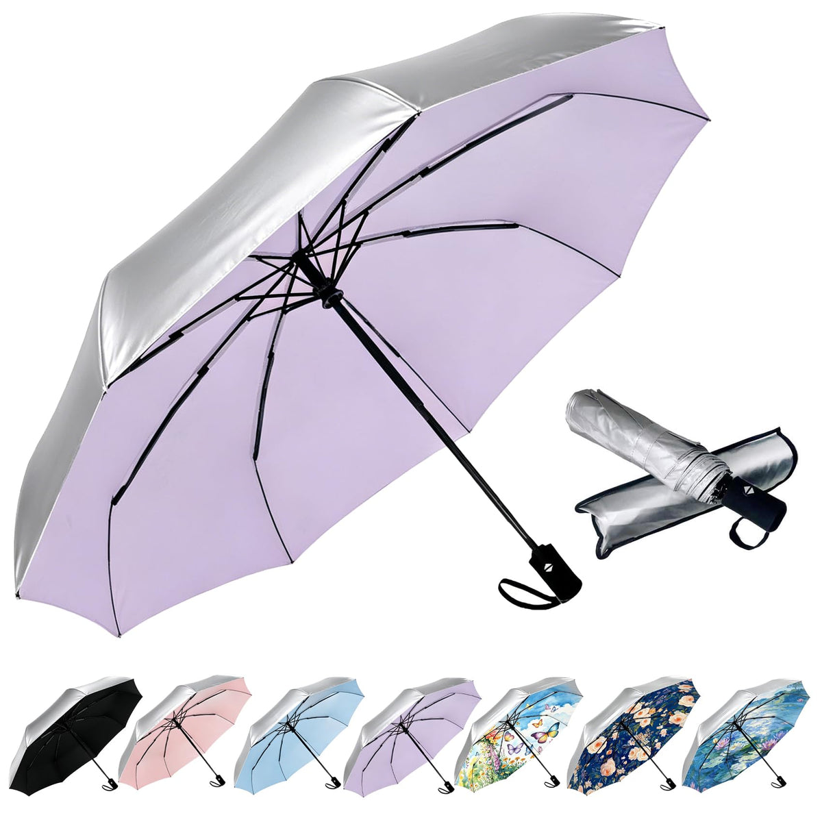 SIEPASA Compact Travel Umbrella - Windproof Auto Open/Close, Small Folding Umbrella for Rain - Lightweight & Durable with Fiberglass Frame, Waterproof Canopy - Fits Backpack, Purse, Suitcase. (Black)
