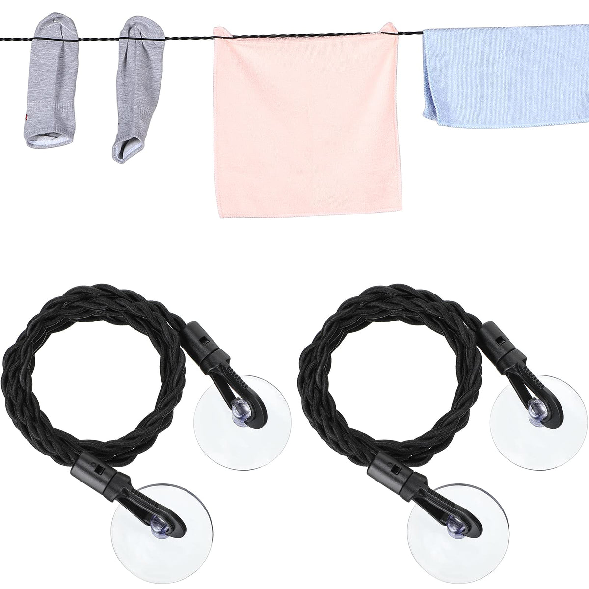 Boao 2 Pieces Travel Clothesline with Hooks and Suction Cups, Black, Blue