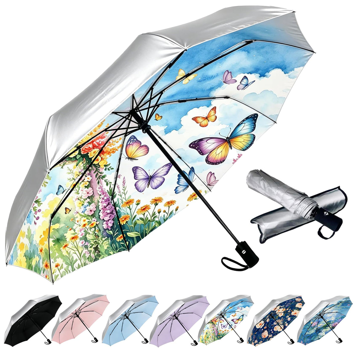 SIEPASA Compact Travel Umbrella - Windproof Auto Open/Close, Small Folding Umbrella for Rain - Lightweight & Durable with Fiberglass Frame, Waterproof Canopy - Fits Backpack, Purse, Suitcase. (Black)