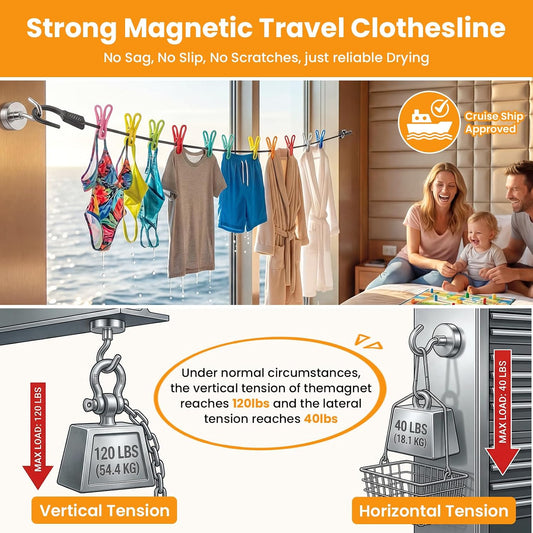 No-Sag Cruise Clothesline,Cruise Essential 2026,6PCS Magnetic Hooks 32/20mm