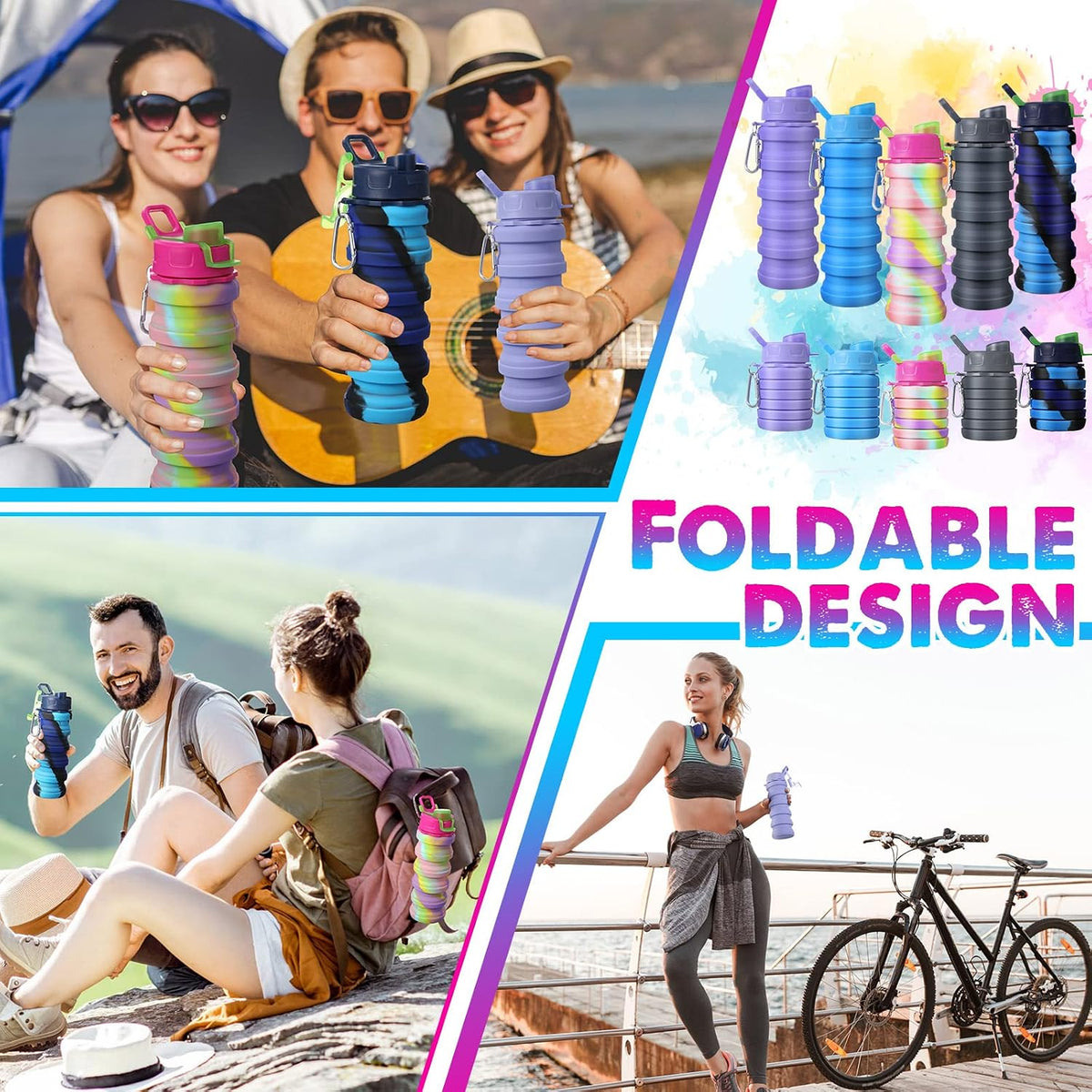 CHENGU 5 Pcs Collapsible Water Bottles for Travel 16 oz Silicone, Colorful