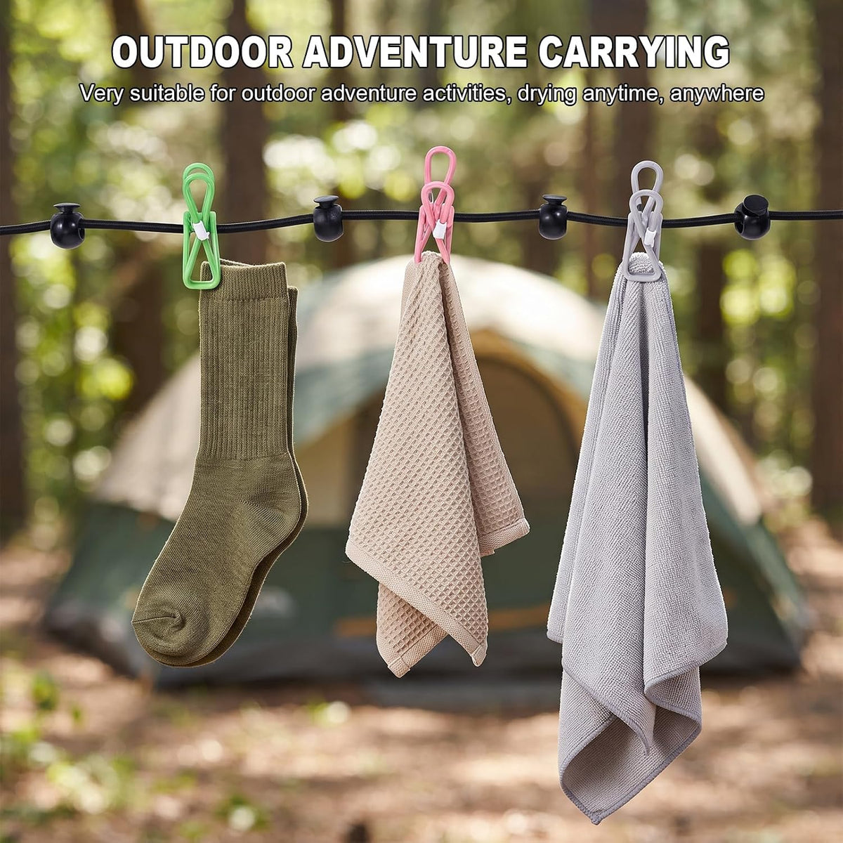 Portable Travel Clothesline with 12 Clips and 3 Folding Clothes Hangers Set, Elastic Clothes Drying Line with Waterproof Bag for Hotel Cruise Travel Camping Outdoor Essentials