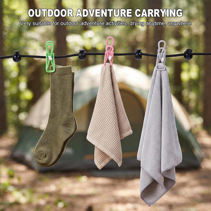 Portable Travel Clothesline with 12 Clips and 3 Folding Clothes Hangers Set, Elastic Clothes Drying Line with Waterproof Bag for Hotel Cruise Travel Camping Outdoor Essentials