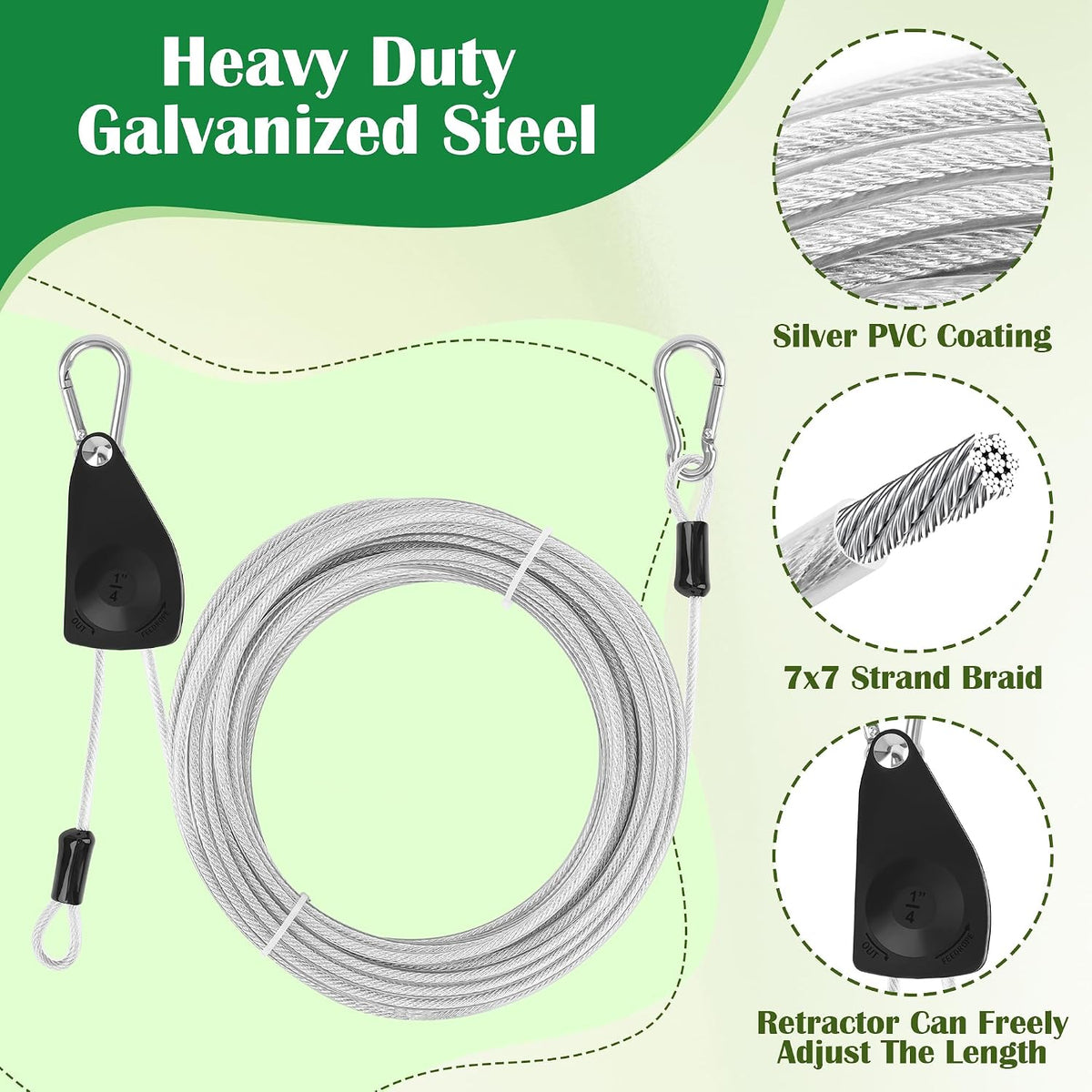 40FT Clothes Line Outdoors Retractable, Anglecai 3/16" Steel Wire Rope