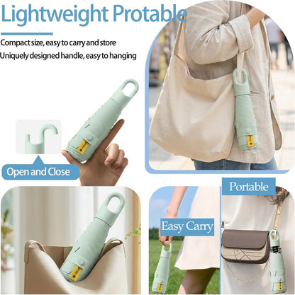 Mini Travel Folding Umbrella With Rotating Open&Close Ring Carabiner Handle for Women Kids - Small Portable Pocket Parasol,Lightweight Compact,6 Ribs,UV Protection,UPF 50,Rain Sun,Backpack