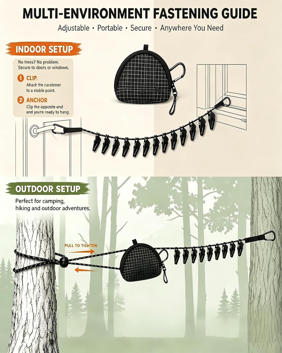 Retractable Portable Travel Clothesline with 16 Clips,Storage Pouch