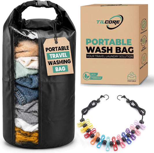 Travel Washing Machine & Retractable Clothesline - Hand Washing Machine & Portable Clothes Washer - Durable Travel Laundry Wash Bag & Camping Washing Machine - Portable Manual Clothes Washer