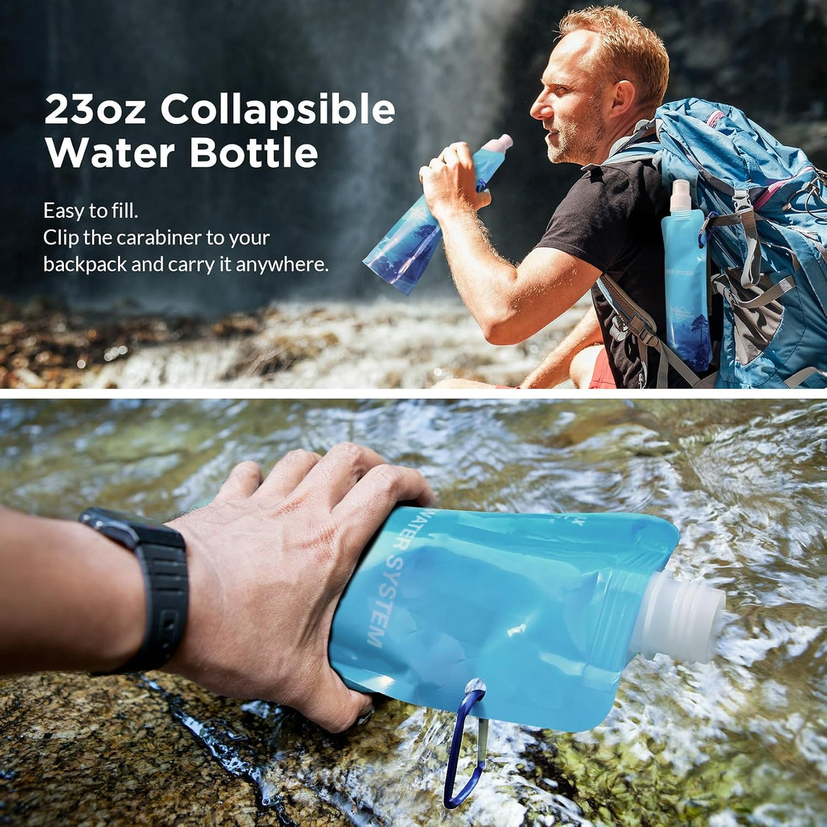 Membrane Solutions Collapsible Water Bottle 23oz with Carabiner