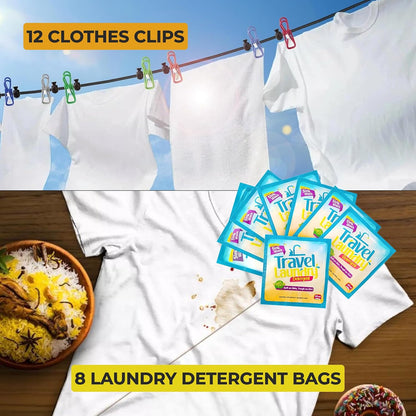 Travel Laundry Detergent 8 Pack with Clothesline, 12 Clips, Portable Kit