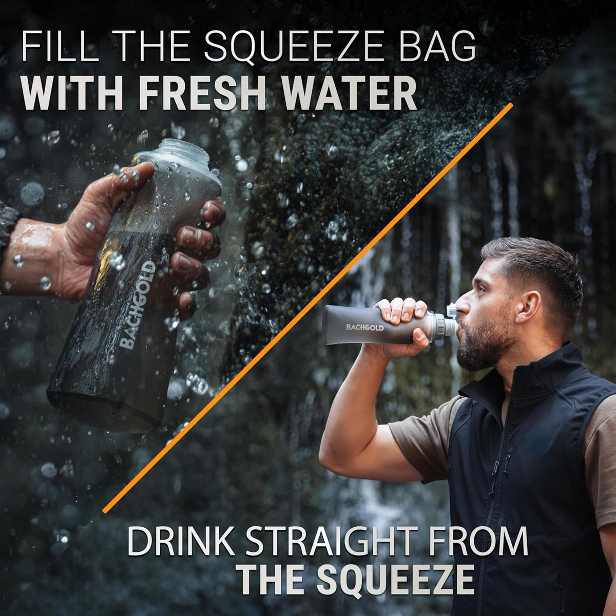 Bachgold Squeeze Filtered Water Bottle, Collapsible Portable Camping Filter