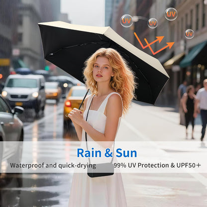 Mini Umbrella for Travel Compact Folding Windproof, Lightweight Pocket Size for Backpack/Purse - UPF 50+ Sun & Rain Protection with Case & Adjustable Shoulder Straps- Manual Open for Women, Men, Kids