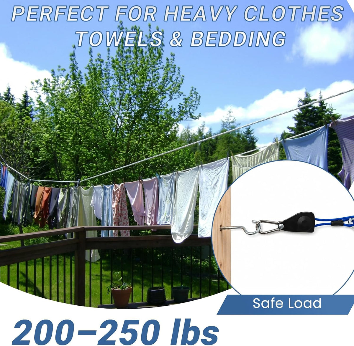 50FT Outdoor Clothesline Wire Rope System, Adjustable Steel Laundry Line with Pulley & Turnbuckle, Heavy Duty Clothes Line for Backyard, Travel & Outdoor Drying (Clear)