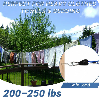 50FT Outdoor Clothesline Wire Rope System, Adjustable Steel Laundry Line with Pulley & Turnbuckle, Heavy Duty Clothes Line for Backyard, Travel & Outdoor Drying (Clear)