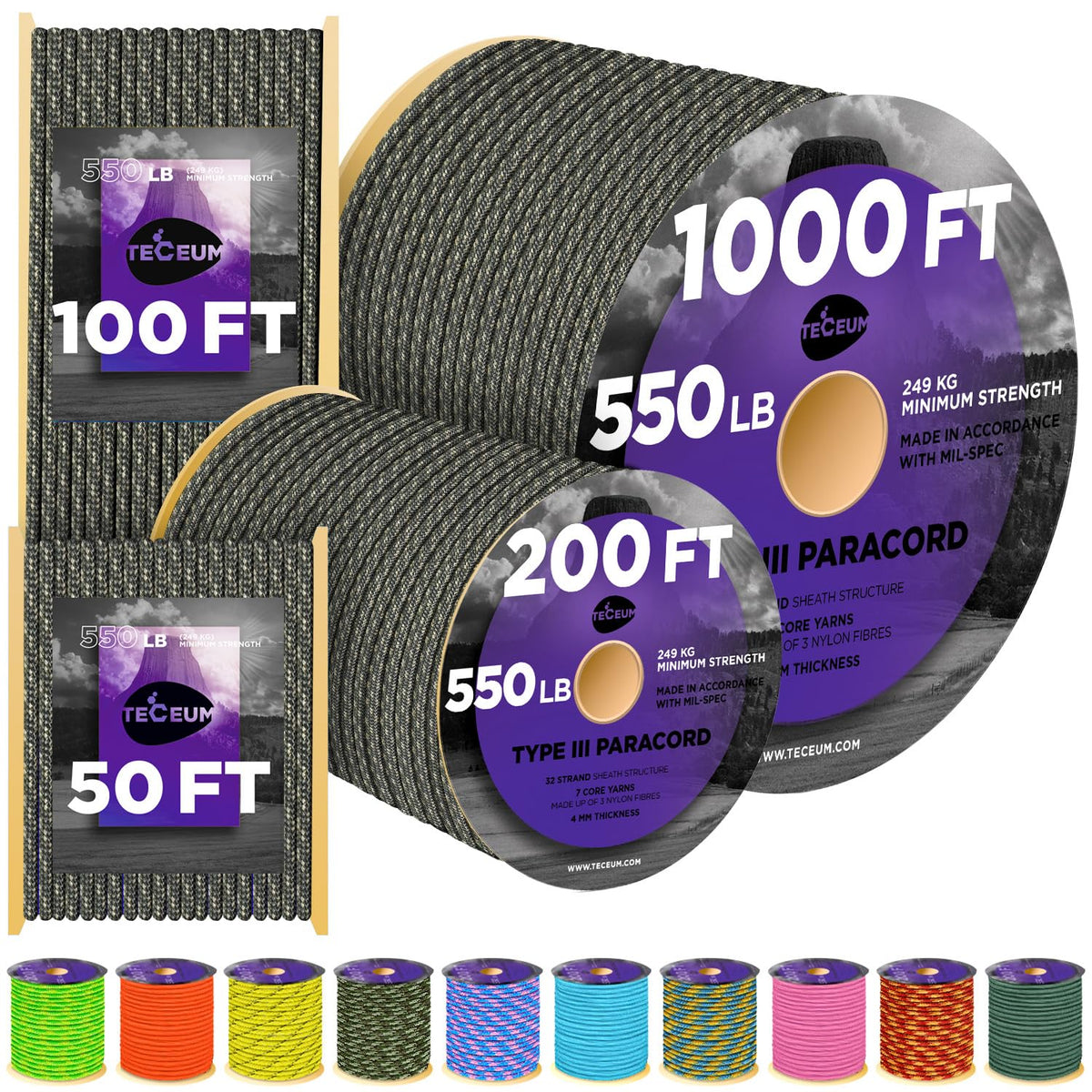 Paracord Rope 550 lb 4mm – Parachute Cord – Utility Camping Rope
