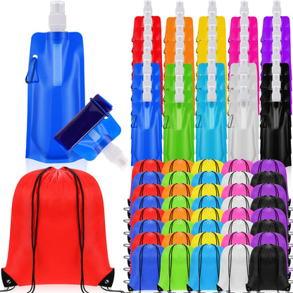 80 Pcs 16 oz Collapsible Water Bottles Bulk and Drawstring Backpack Set