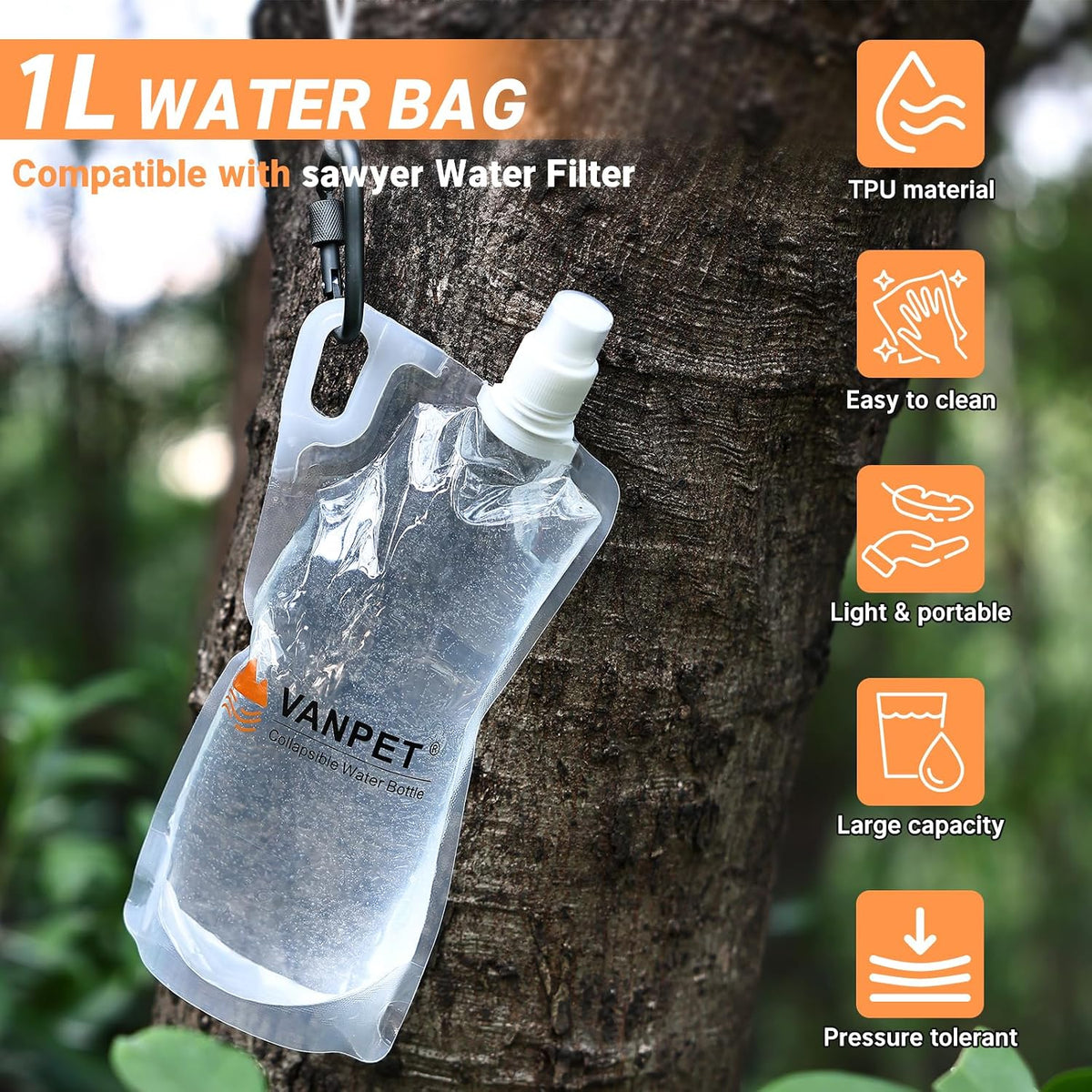VANPET 1L Hiking Collapsible Water Bottles, 33OZ BPA-Free Plastic Flasks, Reusable Drink Bags, Foldable Backpacking Water Bottle for Travel Camping Hiking (4-Pack)