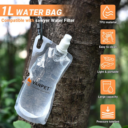 VANPET 1L Hiking Collapsible Water Bottles, 33OZ BPA-Free Plastic Flasks, Reusable Drink Bags, Foldable Backpacking Water Bottle for Travel Camping Hiking (4-Pack)