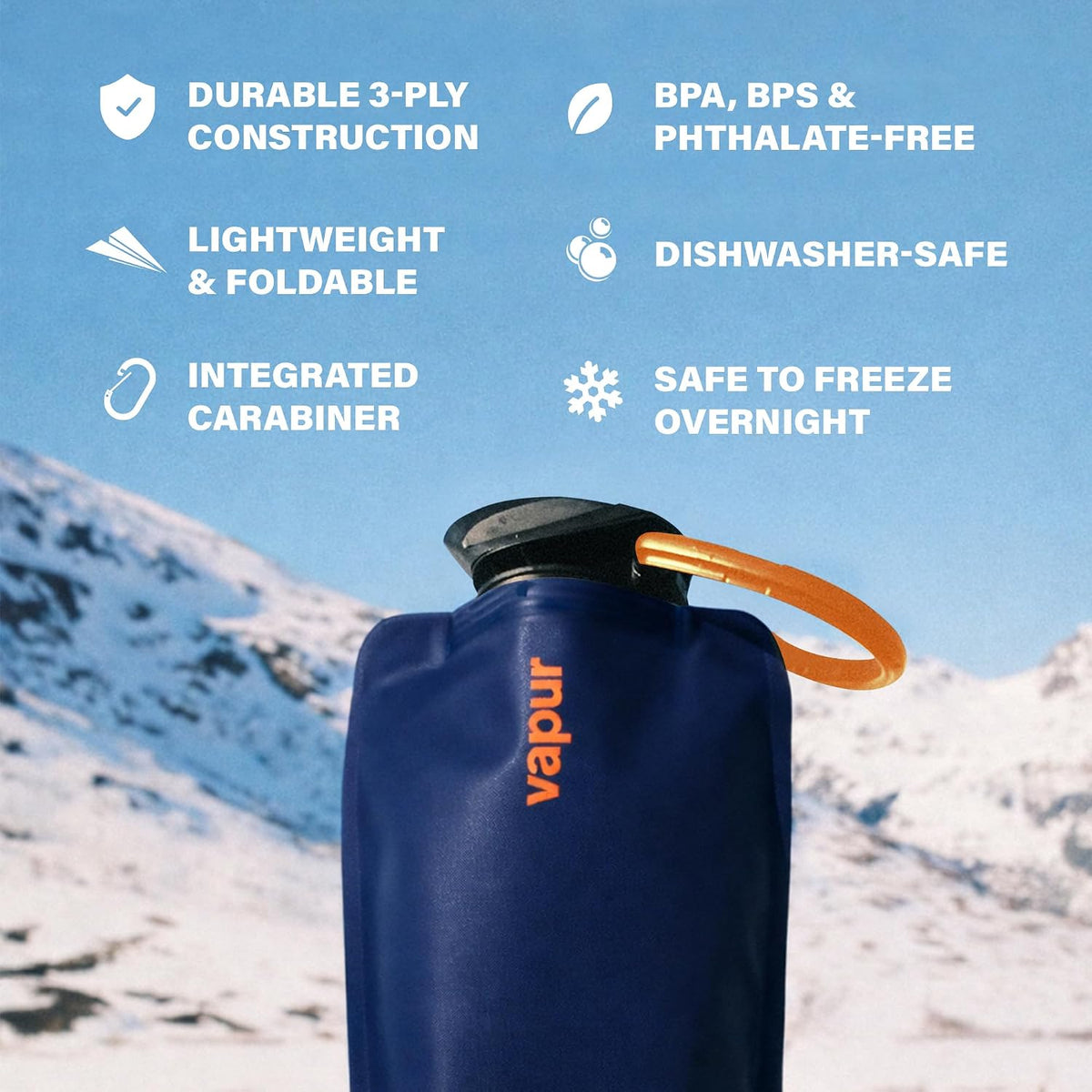 Vapur Collapsible Water Bottle with Carabiner - 23oz (0.7L) - Night Blue