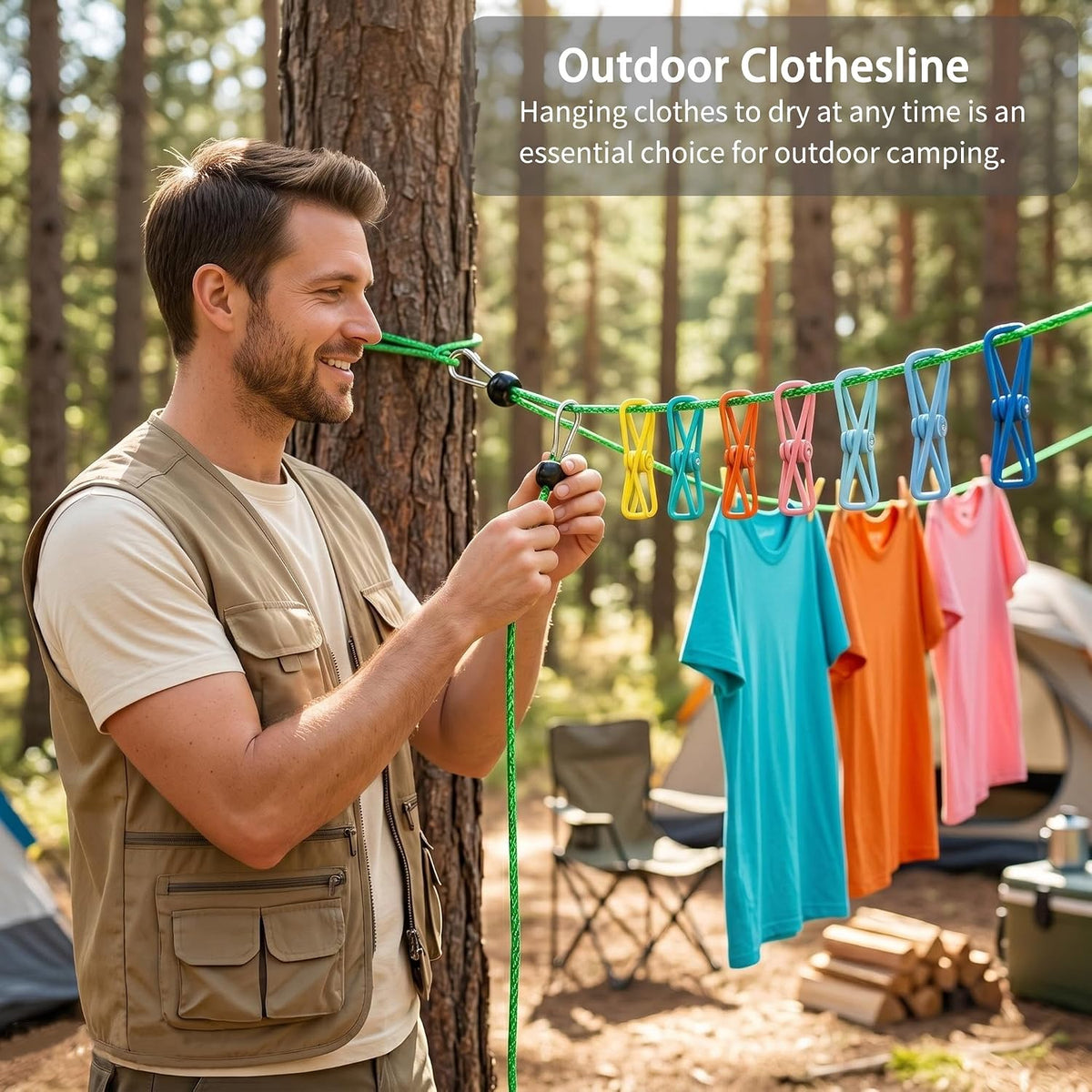 ISQ Steel Core Camping Clothesline with 16 Clothespins 17 Anti-Slip Balls Easy to Store Suitable for Outdoor Camping RV Travel Yachts and Balconies