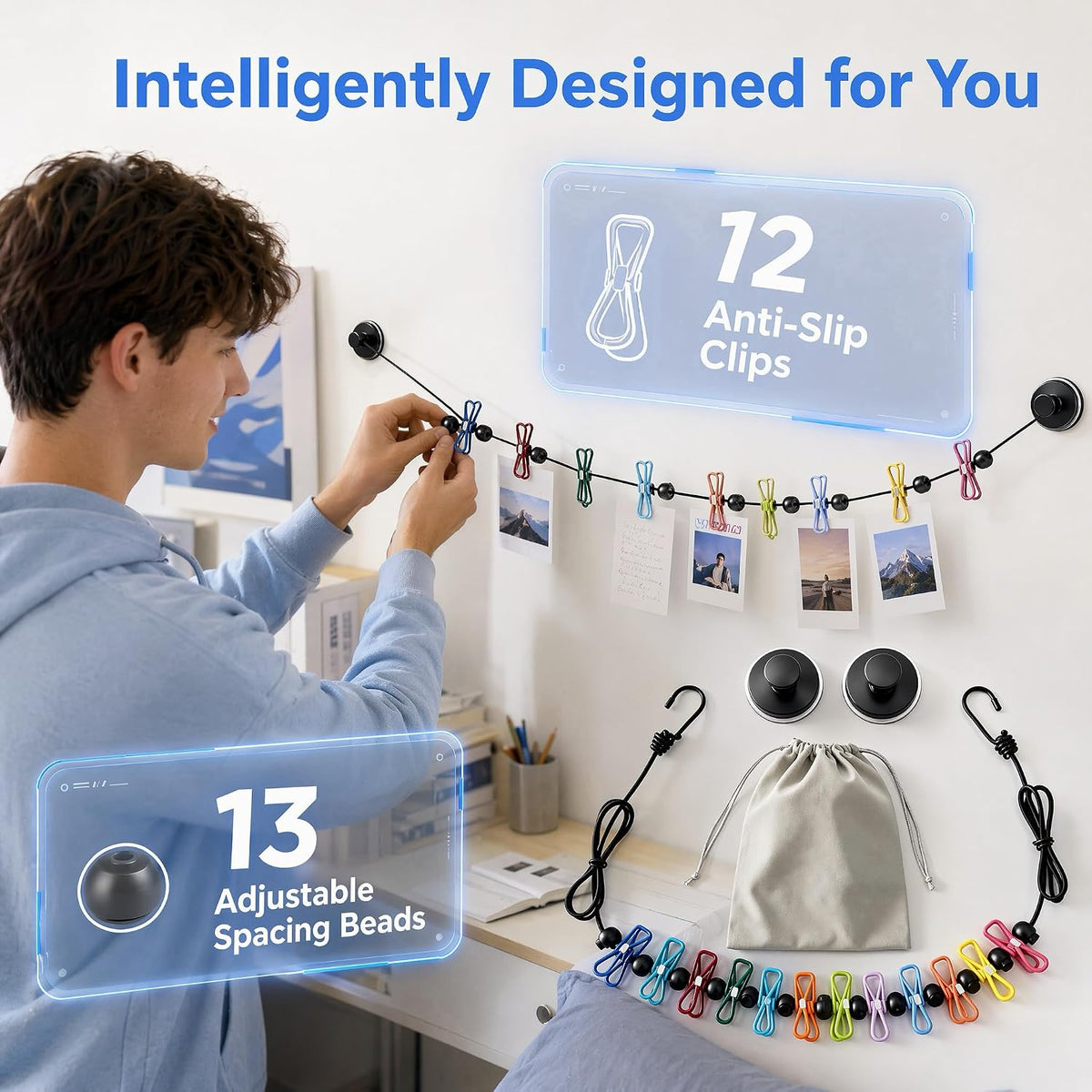 Portable Travel Clothesline, 5.9 Ft/1.8 m Clothes Line with 12 Clothes Clips, 13 Anti-Slip Buckles and 2 Suction Cup Hooks for Indoor and Outdoor Laundry Drying, Camping, RV, Hotel Bullet Points