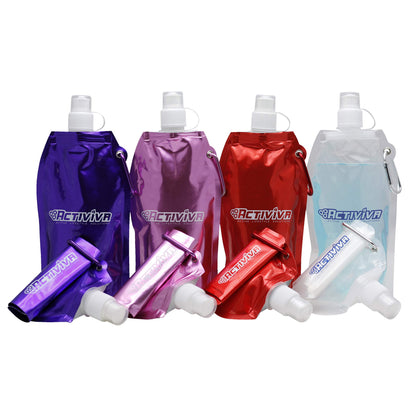 USA Merchant | Collapsible Reusable Water Bottle with Carabiner Clip Light Weight Leak Proof Foldable Drinking Water Bottle Non Toxic BPA Free - 16.9 oz 4 Pack (Pink, Purple, Red, Clear)