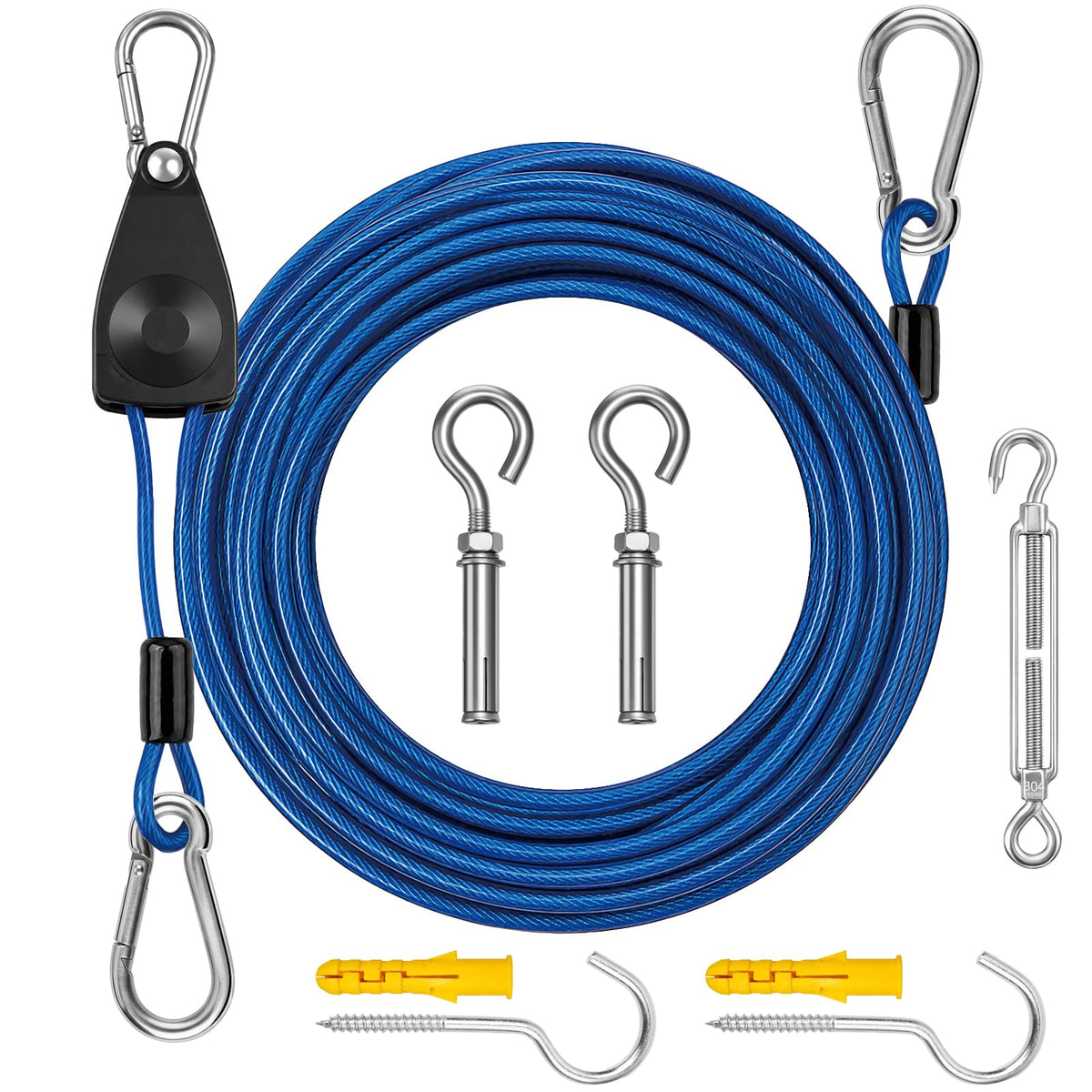 50FT Outdoor Clothesline Wire Rope System, Adjustable Steel Laundry Line with Pulley & Turnbuckle, Heavy Duty Clothes Line for Backyard, Travel & Outdoor Drying (Clear)