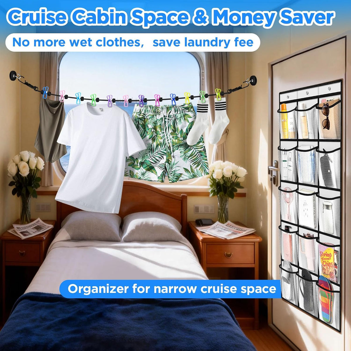 Over the Door Organizer & Magnetic Clothes Line for Cruise Ship