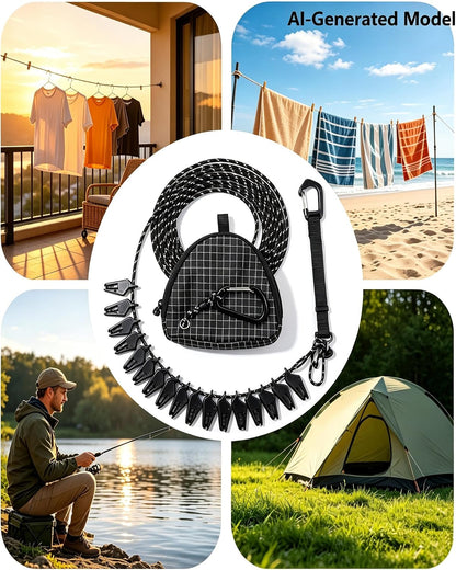 Retractable Portable Travel Clothesline with 16 Clips,Storage Pouch