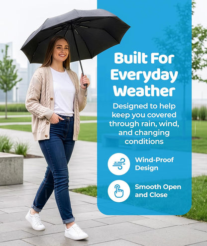 Rain-Mate Windproof Compact Umbrellas for Rain - Strong Reinforced Fiberglass Rib Design & Auto Open & Close - Portable Folding Travel Umbrella - Lightweight & Packable for Women & Men, Easy Collapse