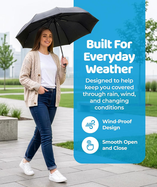Rain-Mate Windproof Compact Umbrellas for Rain - Strong Reinforced Fiberglass Rib Design & Auto Open & Close - Portable Folding Travel Umbrella - Lightweight & Packable for Women & Men, Easy Collapse