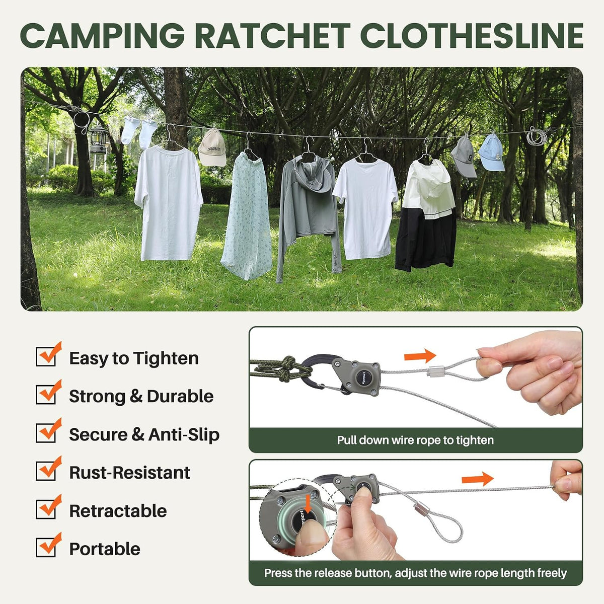 Vigorport Retractable Clothesline Outdoors, Press Button Pulley Wire Rope