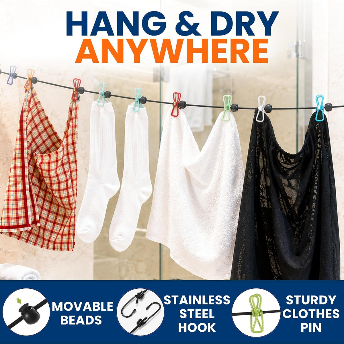 Travel Clothesline – Lightweight Portable Clothesline & Elastic Travel Clothesline Strong Indoor/Outdoor Clothesline, Drying Line for Travel Laundry for Hotels, Cruises & Camping