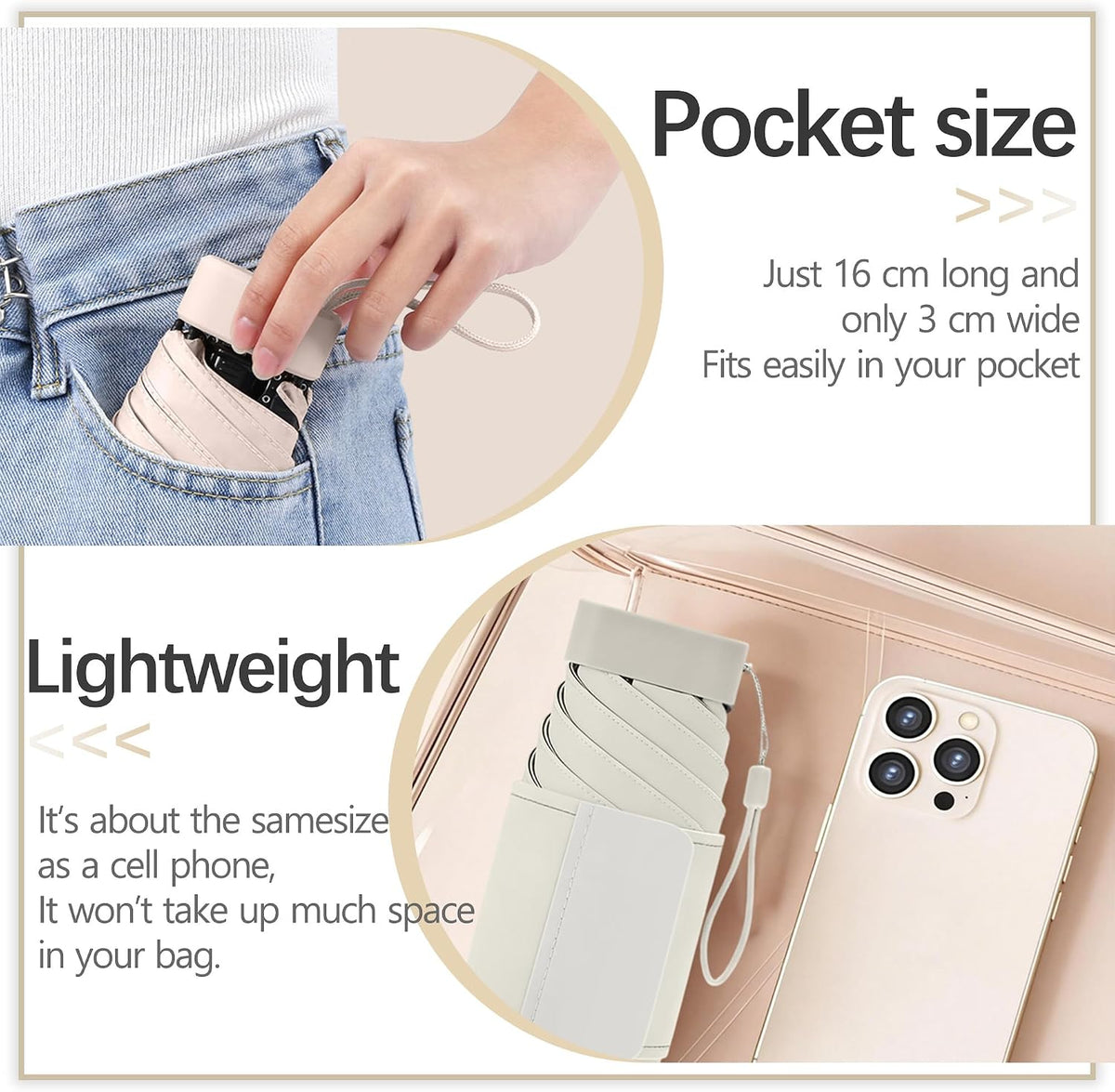 erised's bifrost Mini Travel Folding Umbrella, Small Compact and Lightweight/Wide Umbrella Strap/Flat Handle/Sun Rain/UPF 50+/UV Protection/Waterproof/6 Ribs/Cute/Kids/Women