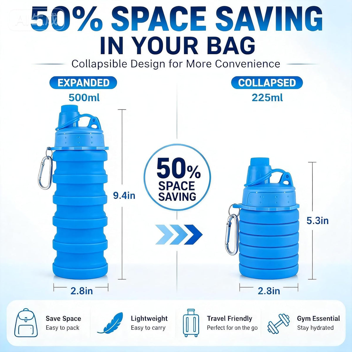 Collapsible Water Bottles, 3 Pack Silicone Foldable Sports travel Bottle