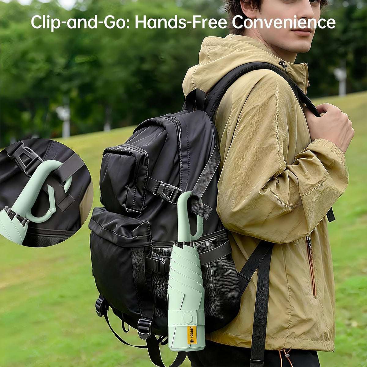 Compact Travel Umbrella with Carabiner Ring Handle, Windproof 5-Fold Portable Umbrella, UPF 50+ UV Protective Sun Parasol, Water Repellent Lightweight Small Rain Shield for Backpack, Purse, Stroller