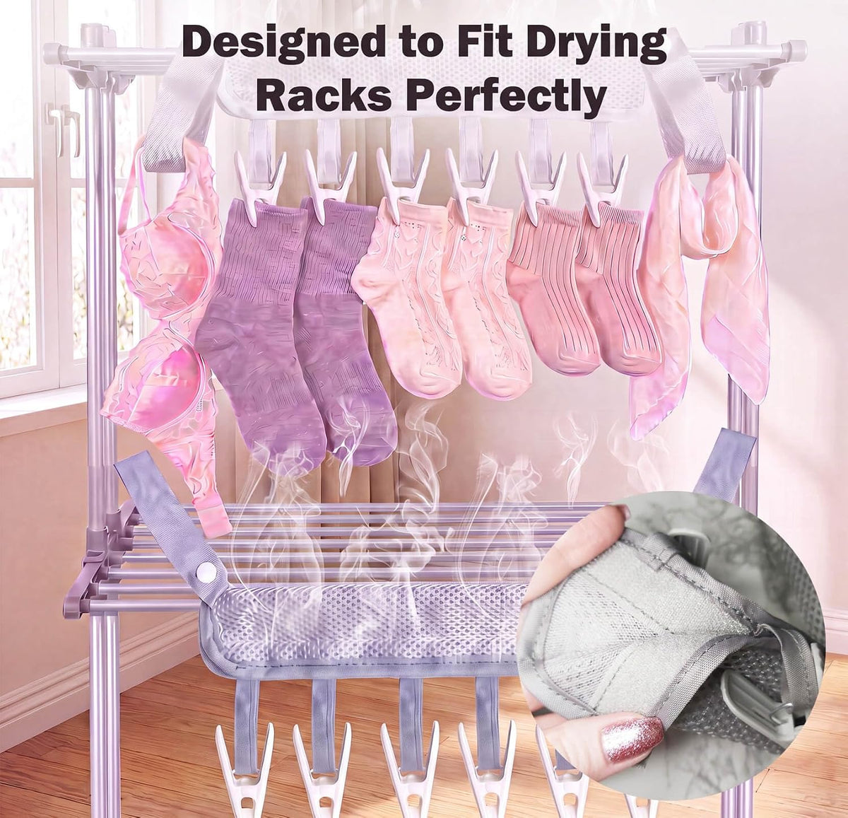 Travel Clothes Drying Hanger for Heated Clothes Airer & Clothes Drying Rack Clothesline, Foldable Portable Mesh Drying Rack with 6 Clips for Sock Underwear Bra Towel Home Cruise Outdoor 2 Pack