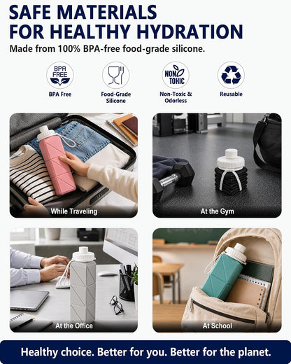 Collapsible Water Bottles 2 Pack, 21oz/610mL, Silicone Travel Water Bottle