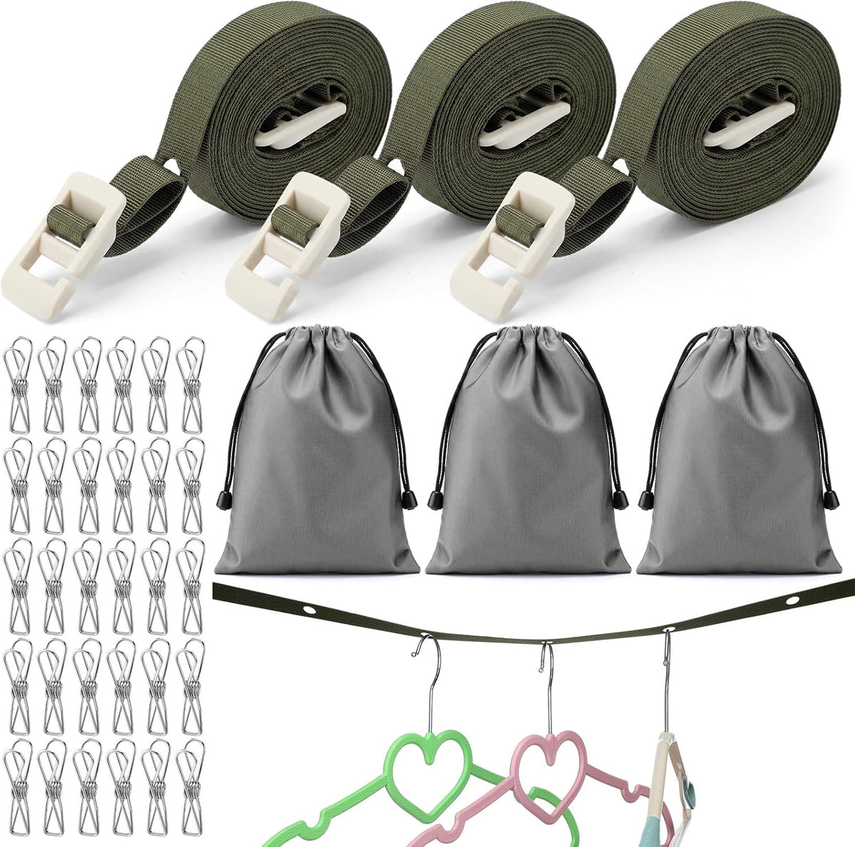3 Pack Portable Clothesline with Hang Hole, 30 Clips Camping Clothing Line