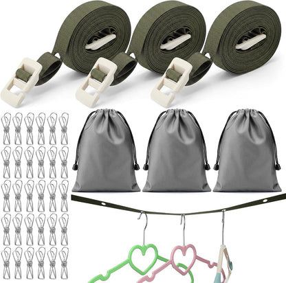 3 Pack Portable Clothesline with Hang Hole, 30 Clips Camping Clothing Line