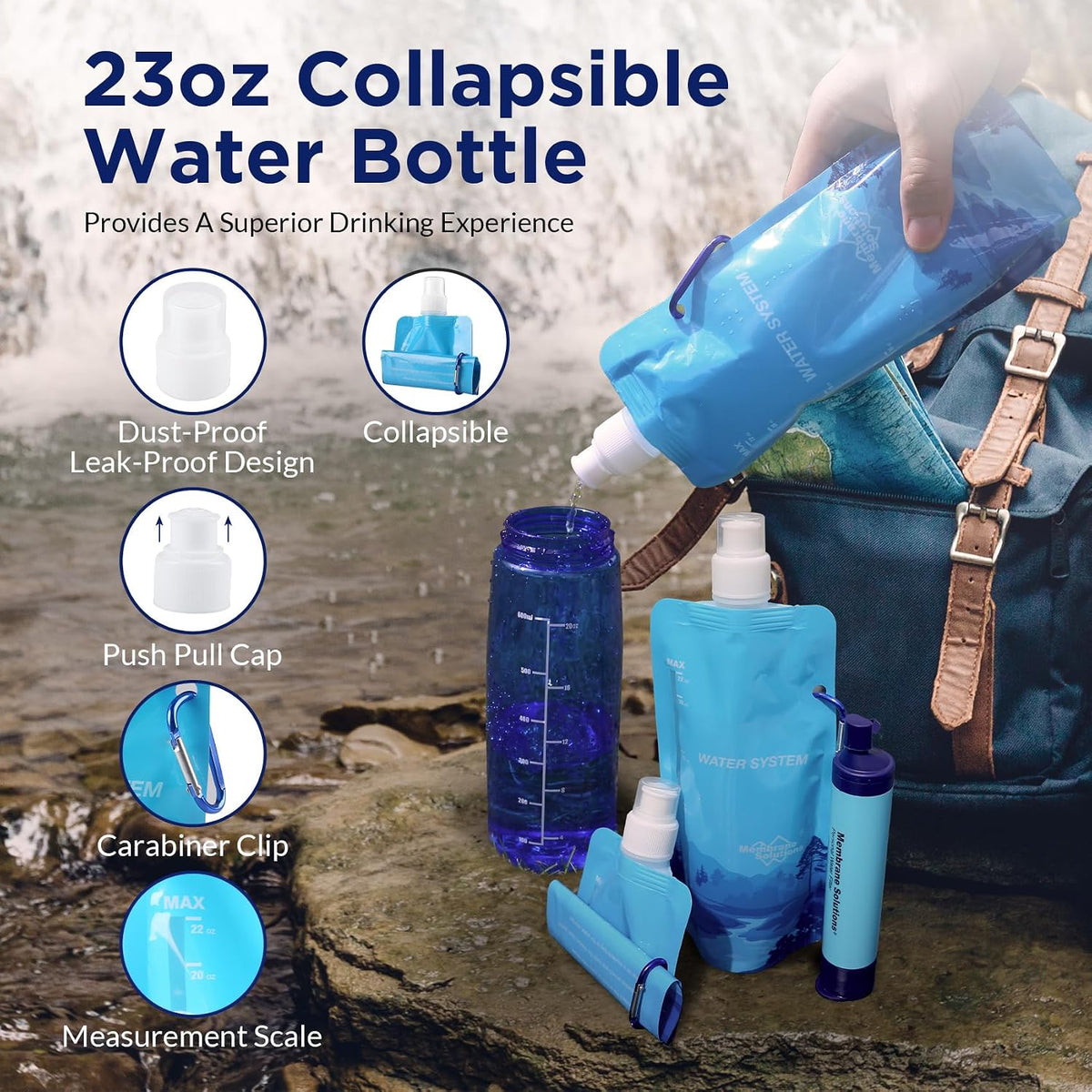 Membrane Solutions Collapsible Water Bottle 23oz with Carabiner