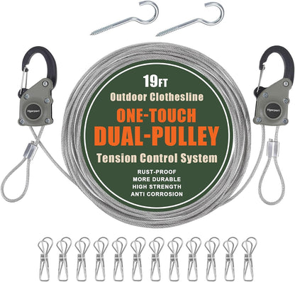 Vigorport Retractable Clothesline Outdoors, Press Button Pulley Wire Rope
