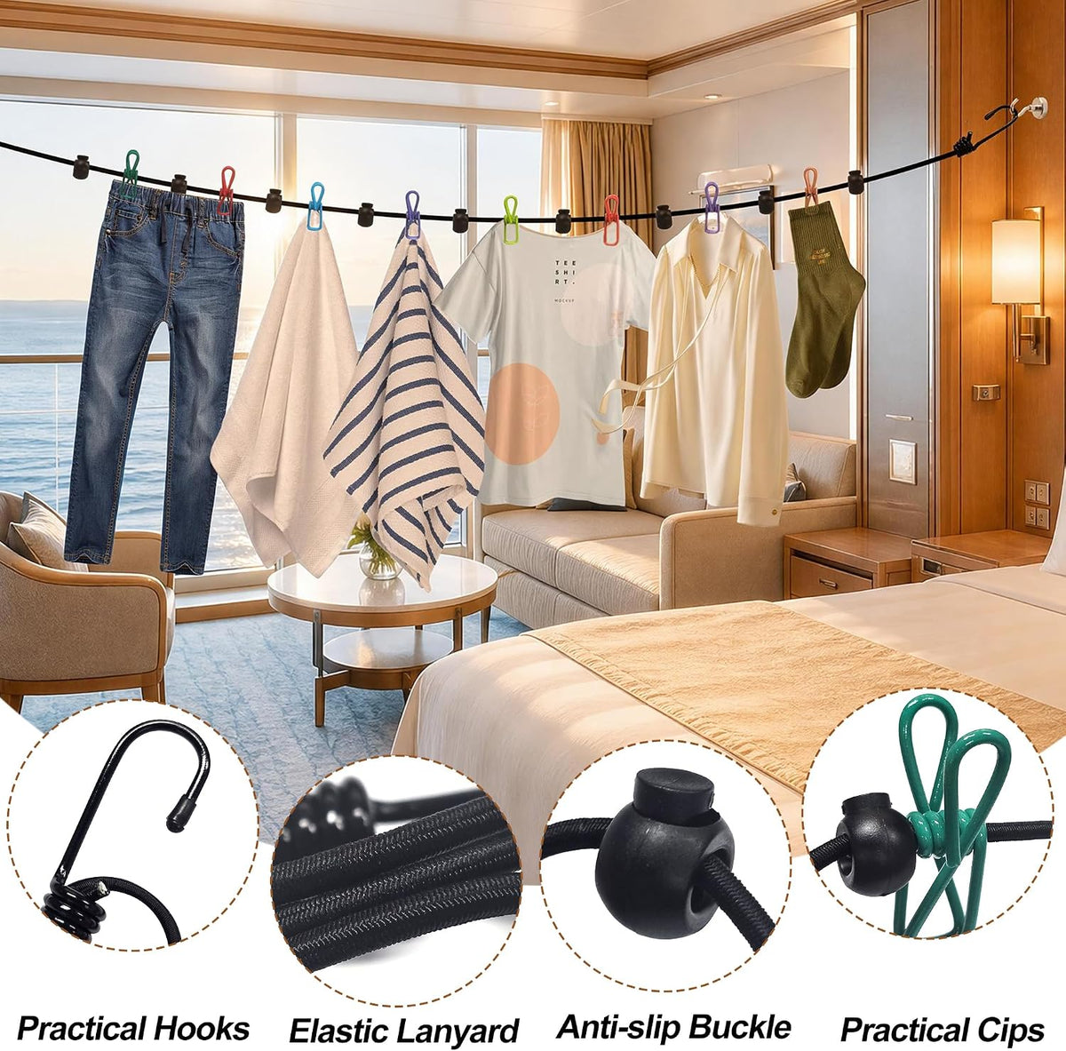 Magnetic Clothes Line for Cruise Ship Retractable Portable Clothesline for Travel,Cruise Essentials 2026 Indoor/Outdoor Foldable Travel Clothesline for rv Tent Camping Van Hotel