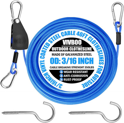 Clothes Line Outdoors 40ft Retractable with Hooks