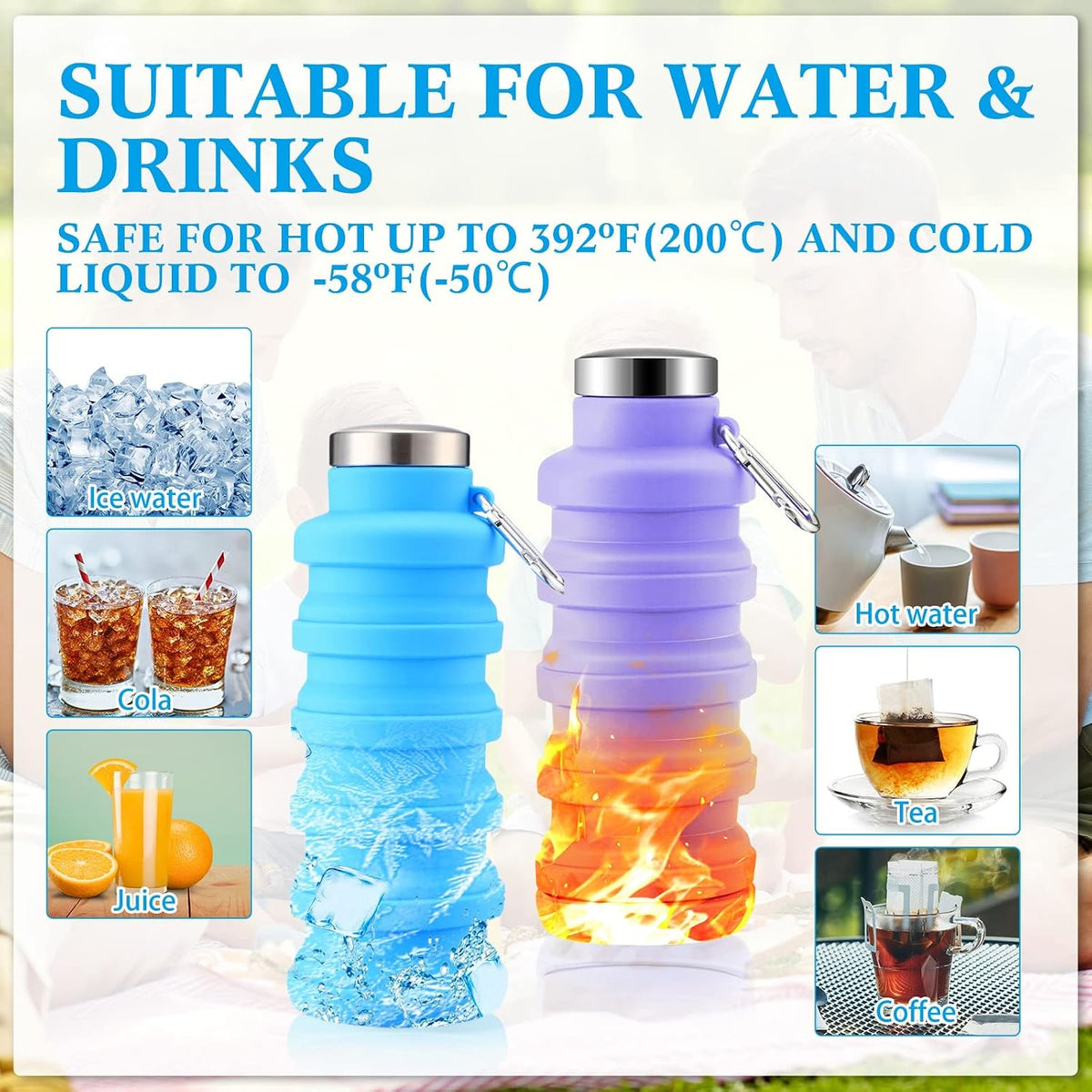 Lallisa 4 Pcs Collapsible Water Bottles 17 oz Reusable Silicone Foldable Travel Water Bottle Portable Leak Proof Sports Water Bottles for Gym Camping Hiking (Blue, Purple, Gray, Green)