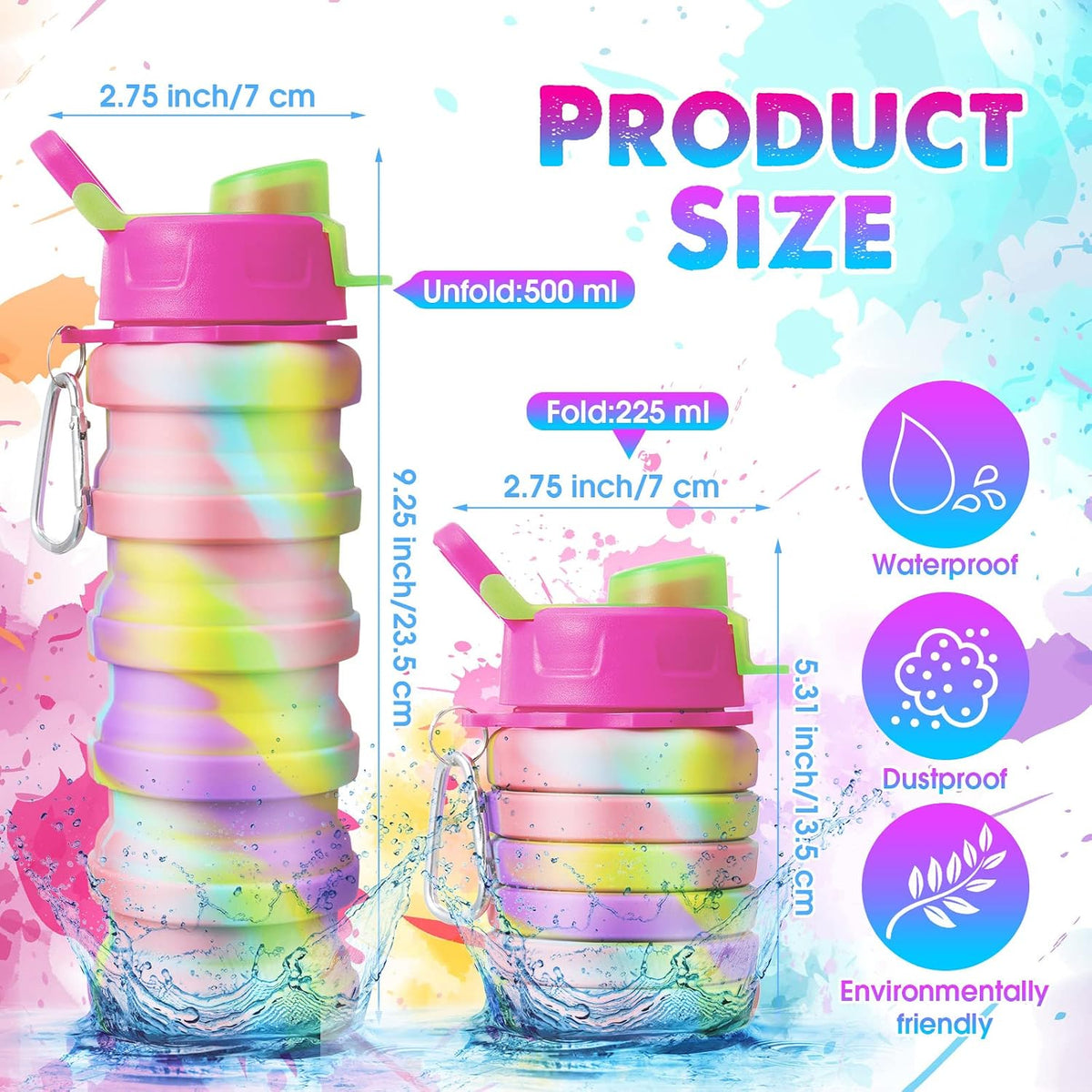CHENGU 5 Pcs Collapsible Water Bottles for Travel 16 oz Silicone, Colorful